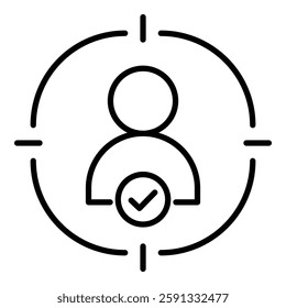 Target user line icon with editable stroke, featuring a target sign aiming at an user with a checkmark