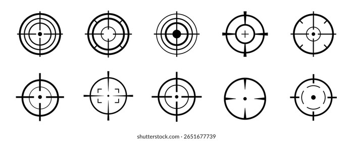 Ilustração do ícone de vetor de destino. Conjunto do ícone de destino. Conjunto de ícones de mira. Coleção de símbolos Bullseye.