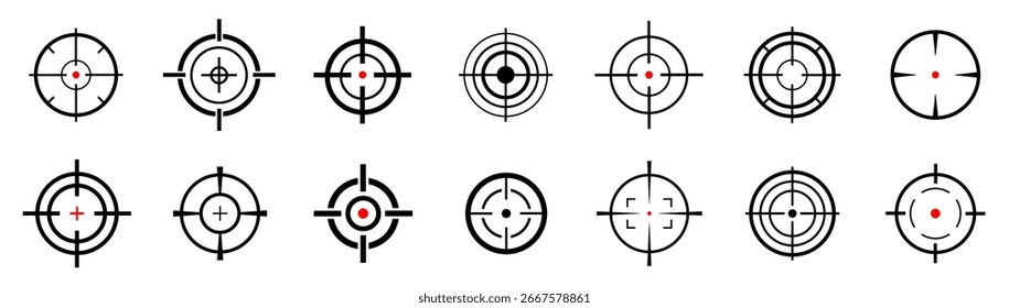 Ilustración de icono de Vector de destino. Conjunto de icono de destino. Conjunto de iconos de punto de mira. Colección de símbolo Bullseye.