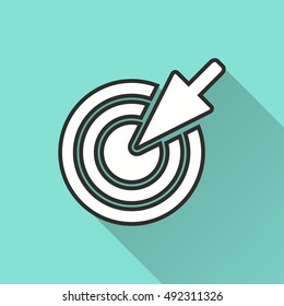 Target vector icon with long shadow. Illustration isolated on green background for graphic and web design.