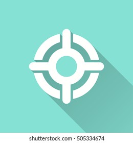 Target vector icon with long shadow. White illustration isolated on green background for graphic and web design.