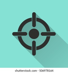 Target vector icon with long shadow. black illustration isolated on green background for graphic and web design.