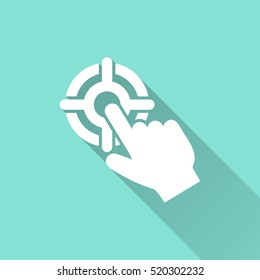 Target vector icon with long shadow. White illustration isolated on green background for graphic and web design.