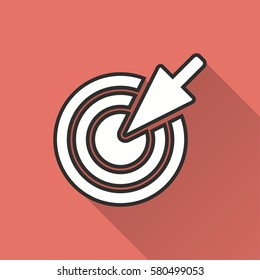 Target vector icon with long shadow. Illustration isolated on red background for graphic and web design.