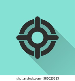 Target vector icon with long shadow. Black illustration isolated on green background for graphic and web design.