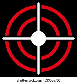 Target vector icon. Style is bicolor flat symbol, red and white colors, rounded angles, black background.