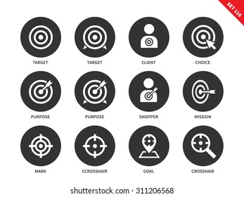 Target vector icons set. Aim and goal concept. Icons for banners and  advertising, target, choice, purpose, mission, mark, crosshair. Isolated on white background