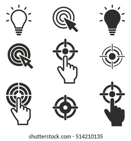 Target vector icons set. Black illustration isolated on white background for graphic and web design.