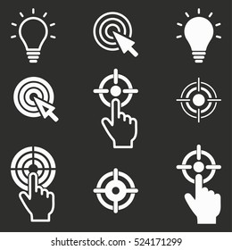 Target vector icons set. White illustration isolated on black background for graphic and web design.