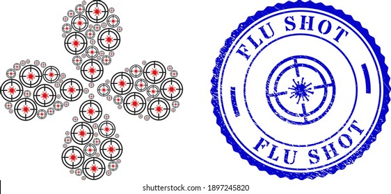Flor de curl del virus objetivo con cuatro pétalos, y marca de agua azul redondeada FLU SHOT texturada con icono dentro. Clúster de objetos realizado a partir de elementos de virus de destino orientados. Collage de flores vectoriales en estilo plano.