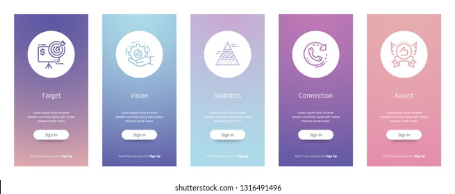 Target, Vision, Statistics, Connection, Award Vertical Cards with strong metaphors. Template for website design.