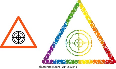Target warning mosaic icon of spheric blots in variable sizes and spectrum colored color tones. A dotted LGBT-colored target warning for lesbians, gays, bisexuals, and transgenders.