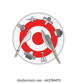 Target with weapons isolated on white background. Dagger, sword, axe, knife, arrow. Vector illustration.