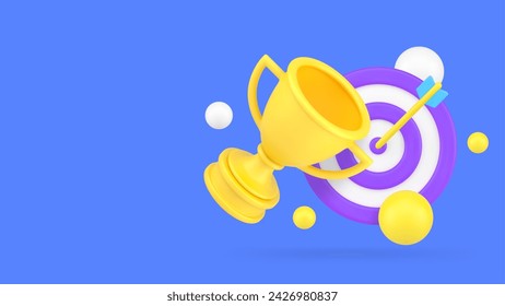 Target win success business efficiency productivity banner with copy space 3d icon realistic vector illustration. Aiming dartboard with award cup marketing management perfect strategy goal victory