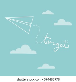 Target word from paper airplane cartoon vector illustration, business concept