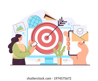 Targeted ads, reaching audience and internet web messages. Cross device marketing concept. Vector flat graphic design modern style illustration
