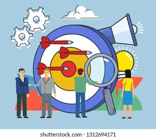 Targeted advertisement concept, creative business team. Small people stand near big target. Poster for banner, social media, web page, presentation. Flat design vector illustration