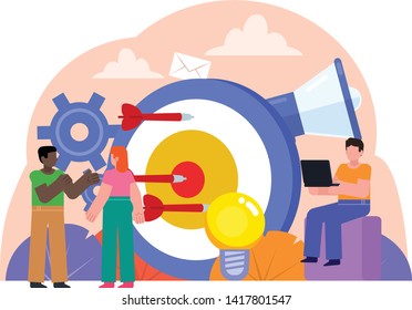 Targeted advertisement concept, creative business team. People stand near big target. Poster for banner, social media, web page, presentation. Flat design vector illustration