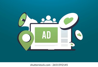 Publicidad dirigida en plataforma digital con marcador de ubicación, iconos de interacción social, megáfono y grupo de usuarios que destaca la orientación de la audiencia y la estrategia de la campaña publicitaria. Ilustración vectorial