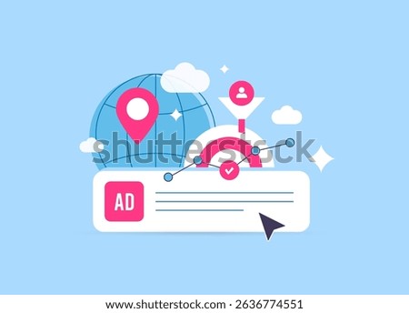 Targeted advertising and PPC concept with funnel, geolocation, global ad marketing strategy. User acquisition metrics for digital ppc ads performance. Targeted advertising strategy vector illustration