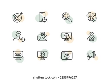 Targeted advertising set icon. Aim, sight, magnifier, analytics, target tracking, writing, pointer, mouthpiece, online store. The target audience concept. Vector line icon for Business and Advertising