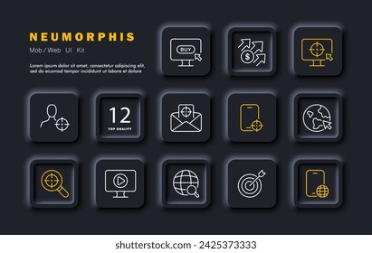 Icono de línea de conjunto de publicidad dirigida. Compra, monitor, smartphone, alojamiento de vídeo, planeta. Estilo neomorfista. Icono de línea vectorial para negocios y publicidad