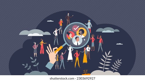 Targeted audience for effective and accurate marketing tiny person concept. Advertising strategy with focused group vector illustration. Find customer from crowd with precise social media ads campaign