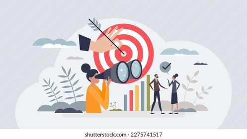 Targeted audience research methods for effective marketing tiny person concept. Find customer for loyal engagement from focused advertisement campaigns vector illustration. Find client for business.