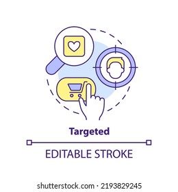 Targeted Concept Icon. Benefit Of Digital Advertising Abstract Idea Thin Line Illustration. Focus On Customer And Product. Isolated Outline Drawing. Editable Stroke. Arial, Myriad Pro-Bold Fonts Used