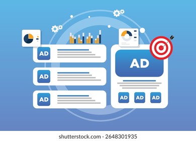 Targeted contextual advertising or banner online ads concept. Contextual Digital Marketing, Behavioral Targeting or Retargeting illustration. Cursor icon clicks on advertisement