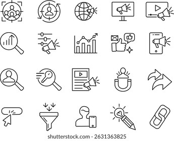 Targeted Digital Marketing Icons for Content and Analytics Strategies.