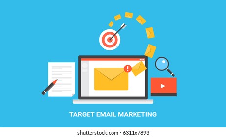 Targeted email marketing, audience outreach, capturing targeted user, email campaign flat vector concept isolated on blue background