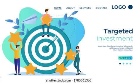 Targeted investment. People determining the rating of a business for further investment. Goal selection and risk assessment.The template of the landing page. Flat vector illustration.