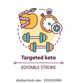 Targeted keto concept icon. Ketogenic food idea thin line illustration. Diet and workout. Healthy meal and fitness. Sport, healthy lifestyle. Vector isolated outline drawing. Editable stroke