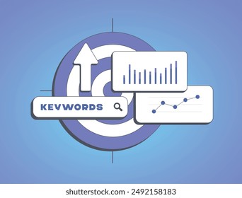 Targeted keywords for SEO - specific words or phrases chosen to attract relevant search traffic and improve search engine ranking for web content. SEO targeted keywords vector illustration with icons