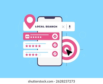Targeted mobile advertising - hyperlocal marketing, local business rankings, mobile advertising interface, search result interface and near me strategy local digital marketing vector illustration