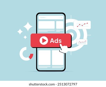 Targeted mobile advertising with personalized ads, location-based marketing, mobile user data, in-app ads and audience targeting. Online digital marketing with mobile ad campaigns illustration