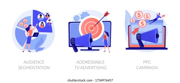 Targeted Promotion, SEO, Digital Marketing. Geotargeting, CPC Advertisement. Audience Segmentation, Addressable Tv Advertising, Ppc Campaign Metaphors. Vector Isolated Concept Metaphor Illustrations.