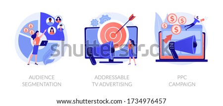 Targeted promotion, SEO, digital marketing. Geotargeting, CPC advertisement. Audience segmentation, addressable tv advertising, ppc campaign metaphors. Vector isolated concept metaphor illustrations.