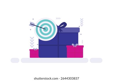 Targeted Reward Illustration – Blue Gift Box with Bullseye and Arrow, Flanked by Smaller Gifts
