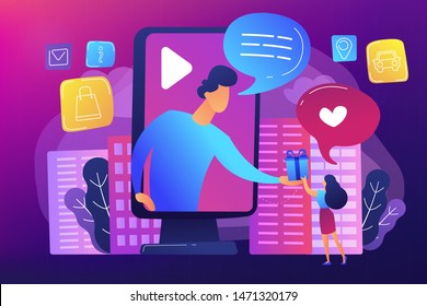 Targeted social media ads. Giveaway promo campaign, SMM. Interactive advertising, clients engagement analytics, effective marketing services concept. Bright vibrant violet vector isolated illustration