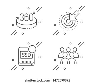 Targeting, 360 degrees and Recovery ssd line icons set. Group sign. Click, Full rotation, Backup info. Developers. Technology set. Line targeting outline icon. Vector
