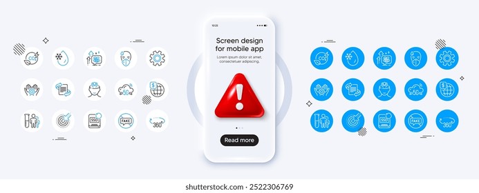 Targeting, 5g cloud and 360 degrees line icons. Phone mockup with 3d danger icon. Pack of World money, Employee hand, Service icon. Stress, Co2 gas, Recovery ssd pictogram. Vector