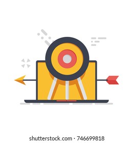 Targeting advertising, customer focus vector concept, online promotion concept, target laptop arrow flat illustration isolated on white background