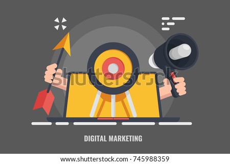 Targeting advertising, digital marketing 3d vector concept, target laptop arrow speaker message illustration