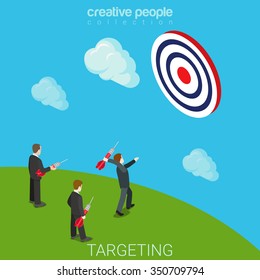Targeting aiming flat 3d isometry isometric business marketing concept web vector illustration. Micro man throw dart in target letter. Creative people collection.