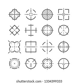 Orientación de objetivos. Destino de tiro de tiro de foco de foco precisión de centro de visión de la guerra cursor de arma de propósito bullseye, colección vectorial