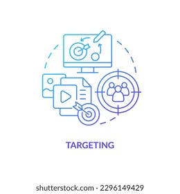 Das Symbol für das Konzept des blauen Farbverlaufs anvisieren. Fokus auf Zielgruppe. Social Media-Werbung profitiert abstrakte Idee dünne Linie Illustration. Einzeln Umrisszeichnung. Myriad Pro-Fett-Schriftart verwendet