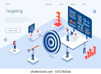 Targeting business concept vector for landing page, banner, website, app. Tiny people run ads on social networks, Internet, work in SMM, seo development, digital marketing, attract target audience.