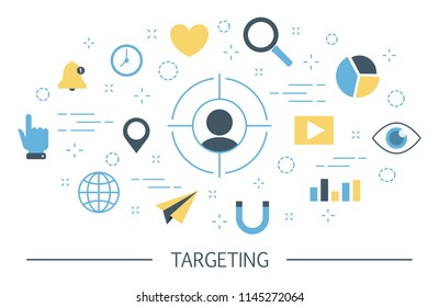 Targeting Concept . Audience Identifying, Data Gathering, Segmentation And Advertising. Idea Of Marketing Strategy And Customer Engagement. Set Of Marketing Icons. Isolated Flat Vector Illustration